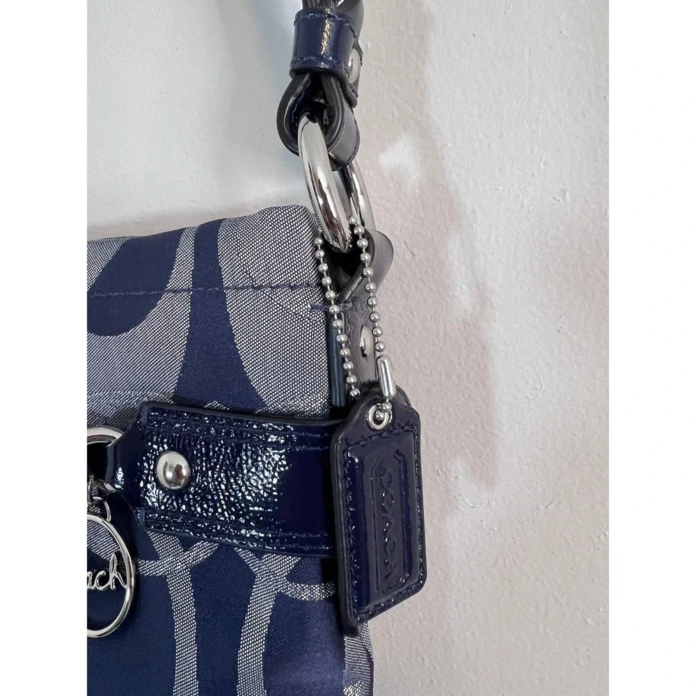 Coach Signature C Jacquard Crossbody Bag Navy Blue Silver Chain Charm Messenger
